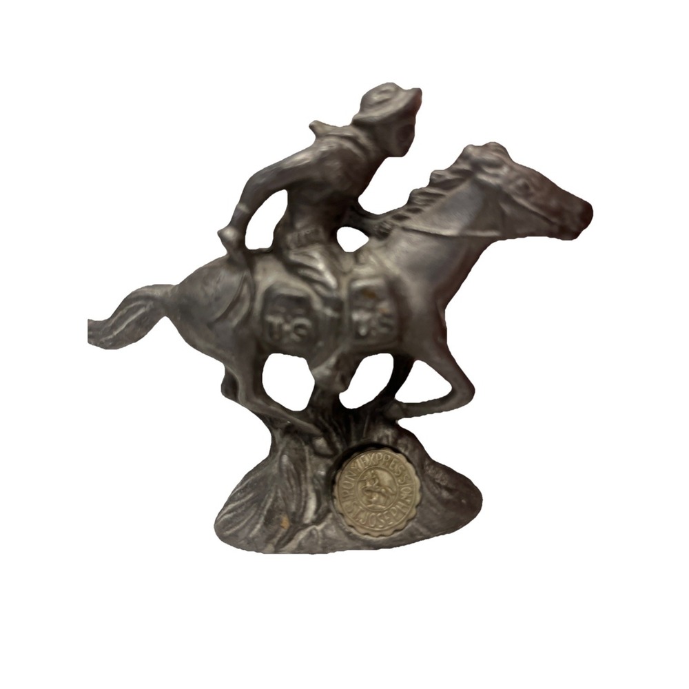 "PONY EXPRESS" PEWTER SCULPTURE BY PHILIP KRACZKOWSKI - COWBOY HORSE VTG 80s